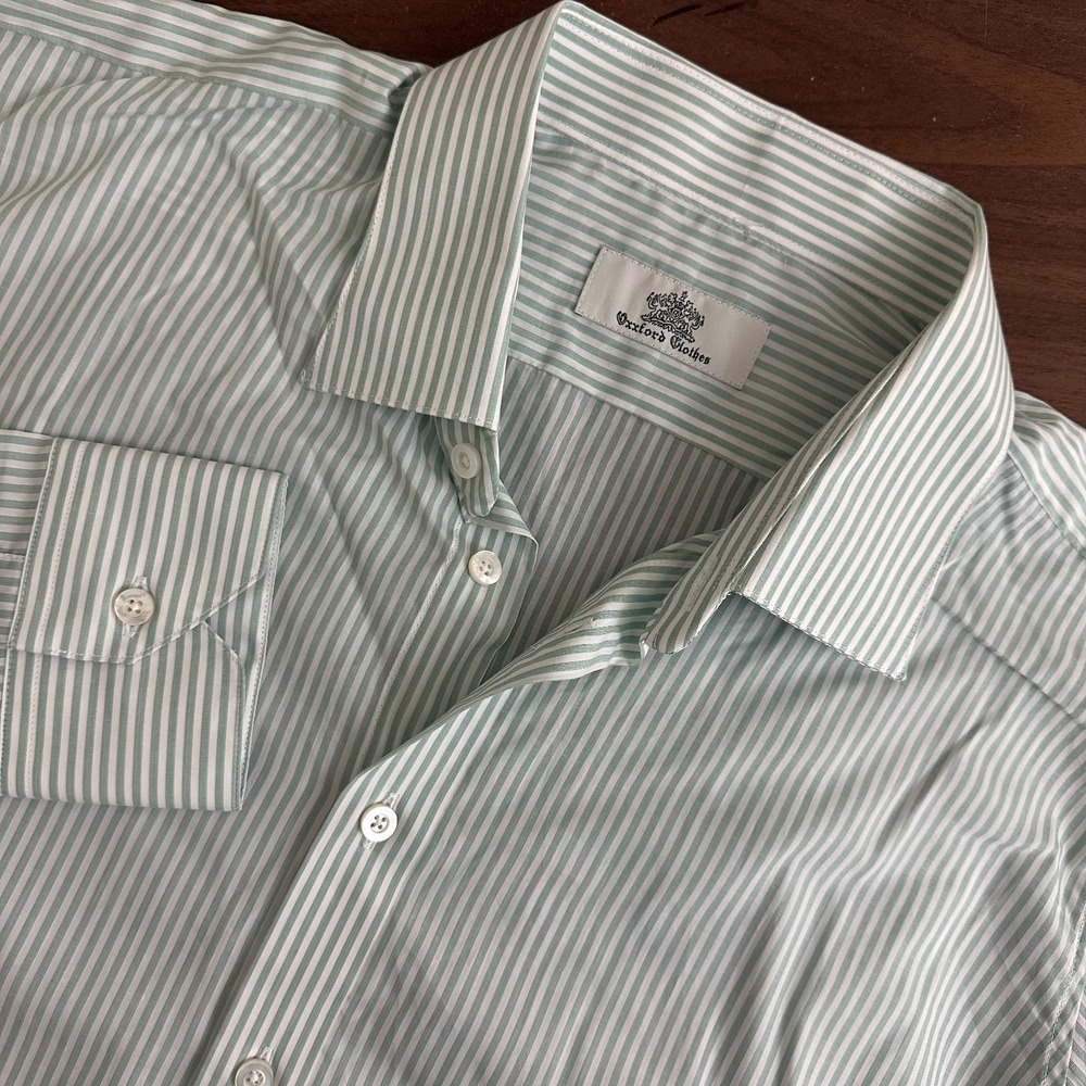 Oxxford Clothes‎ Shirt Green White Bengal Stripe Long Sleeve Button Up 18.5 Read